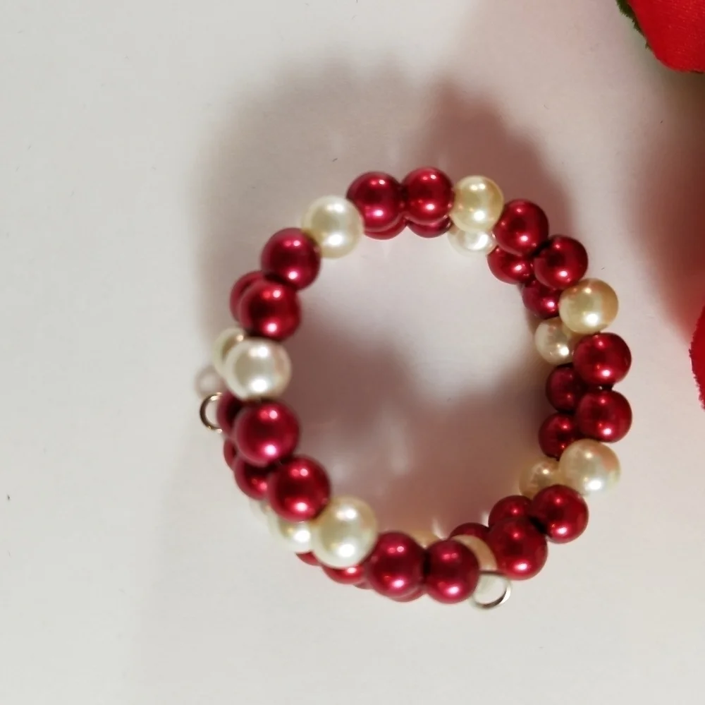 HAND CRAFTED Pearl Wrap Bracelet Red and White Coil Bracelet Memory Wire